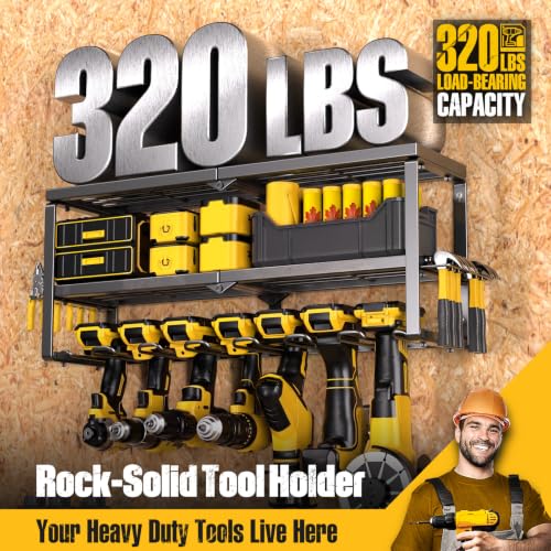 Spampur Power Tool Organizer Wall Mount with 3 Shelves & 7 Slots - Heavy Duty Metal Garage Storage Rack with Battery & Tool Holders