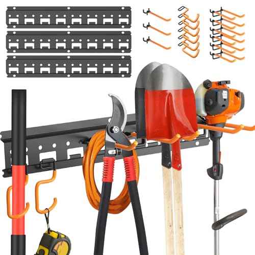 Garden Tool Organizer Wall Mount - Garage Storage and Organization Yard Tool Hanger with Adjustable Pegboard Hooks Shed Rack for Broom Mop Shovel Rake Trimmers, 48 inch Max 550lbs, Black