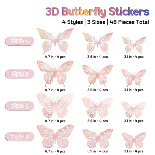 Phuryllic 48pcs Laser Pink Butterfly Wall Decor Stickers for Party & Room Decoration