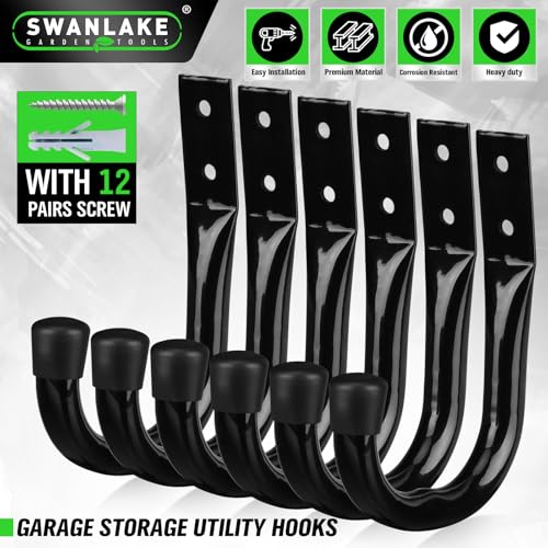 Heavy-Duty 6-Piece Garage Hooks Set with Wall Mount J Hooks – Black
