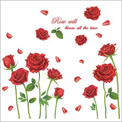 Rose Wall Decal Red Flower Wall Stickers Romantic Floral Removable Vinyl Wall Murals for Living Room Girls Bedroom TV Sofa Background Wall Art Decors