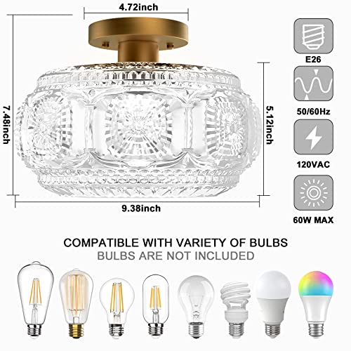OYKYOHEI Vintage Gold Globe Glass Semi Flush Mount Ceiling Light 9.38 Inch