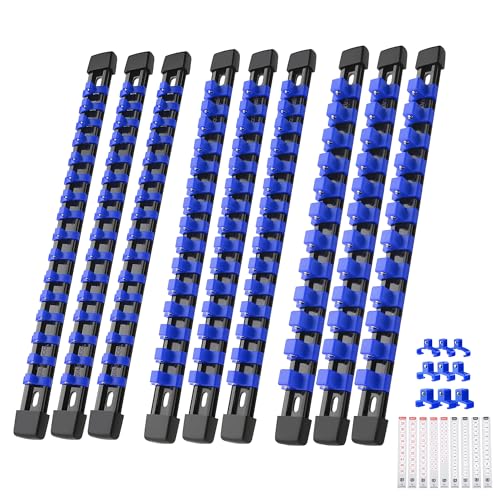Reniteco 9-Pack Socket Organizer Set - 48/1/4, 45/3/8, 36/1/2 in Rails, Blue Clips