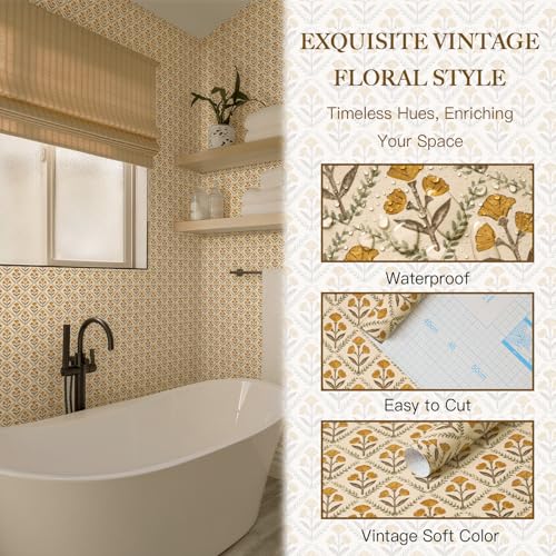 Dimoon Orange Floral Peel and Stick Wallpaper 17.3x78.7 Inches Vintage Cottage