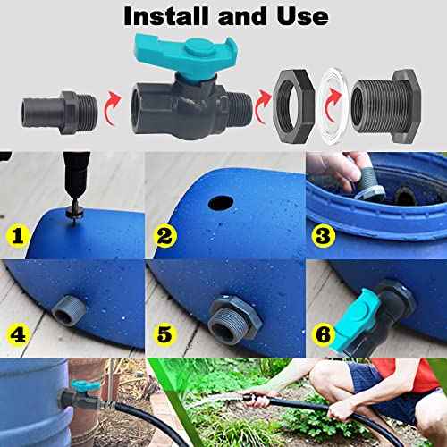 Rain Barrel Spigot PVC Faucet Kit Water Barrel Diverter Kit with Bulkhead Fitting,Ball Valve,Garden Hose Barb(20mm) Adapter,Pipe Clamps,Thread Seal Tape(kit for 20mm ID Hose)
