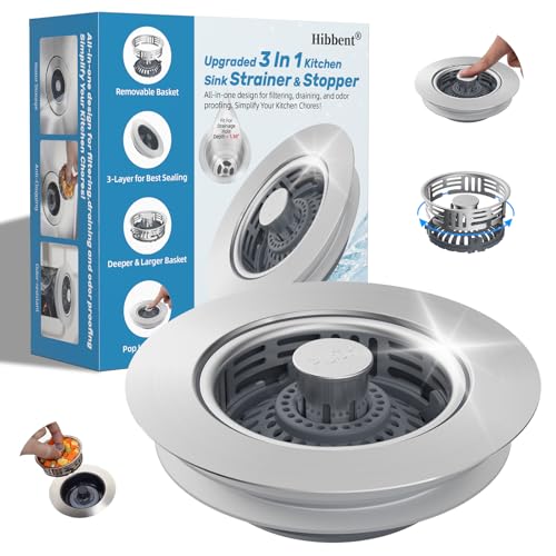 Hibbent 3-in-1 Kitchen Sink Drain Strainer with Brushed Stainless Steel Pop Up Stopper - Model 1