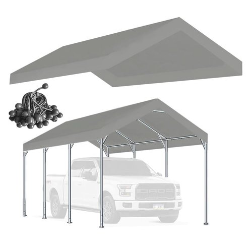 Rutile 10 x 20 FT Carport Replacement Cover, Heavy Duty Car Tarp Canopy Tent Replacement Top w/Ball Bungees Gray (Only Top Cover, Frame is not Included)
