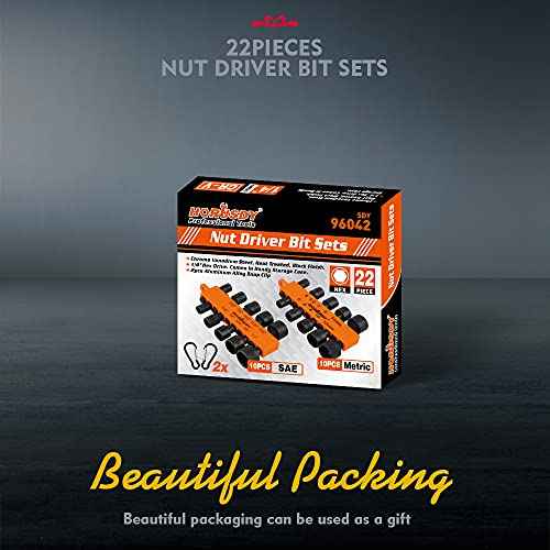 HORUSDY 22-Piece Power Nut Driver Set for Impact Drill, SAE and Metric, 1/4¡± Nut Driver Hex Keys, Hex Head Drill Bit Set