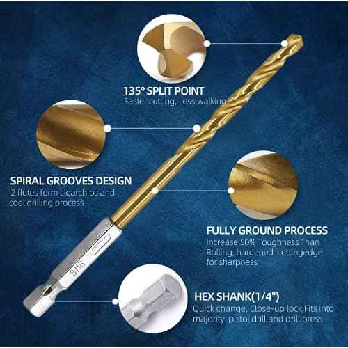 Titanium Twist Drill Bit Set- 3/16''(10PCS)£¬Titanium HSS Hex Shank Impact Drill Bit Set with High Speed Steel for Wood Plastic Aluminum Alloy, Quick Change