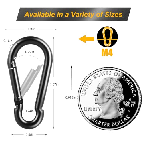 M4 1.57 Inch Small Carabiner Clips 12 Pack Black Spring Snap Hooks