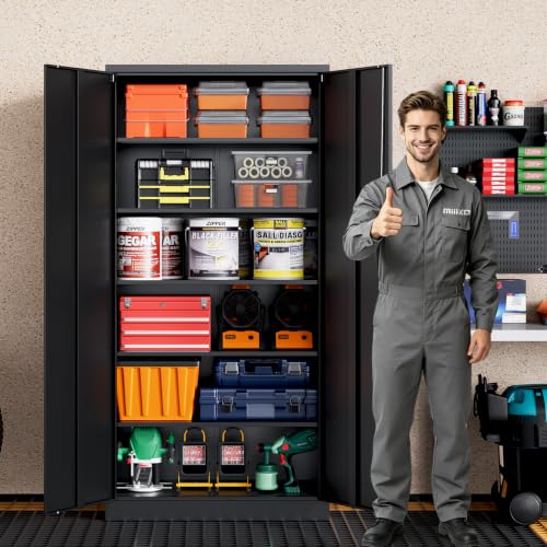 MIIIKO 71" Tall Metal Garage Cabinet with 2 Doors, 5 Shelves, Locking 0.8mm Steel