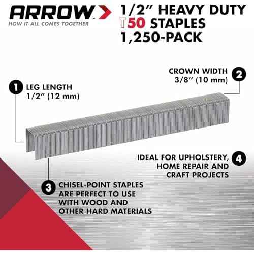 Arrow 508 Heavy Duty T50 1/2-Inch Leg Length, 3/8-Inch Crown, Staples for Upholstery, Construction, Furniture, Crafts, 1250 Count(Pack of 1)