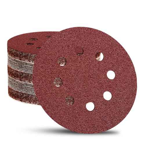 52 Pack 5 Inch 8-Hole Hook and Loop Sanding Discs Sandpaper Red Round 120 Grit Sandpaper for Random Orbital Sander