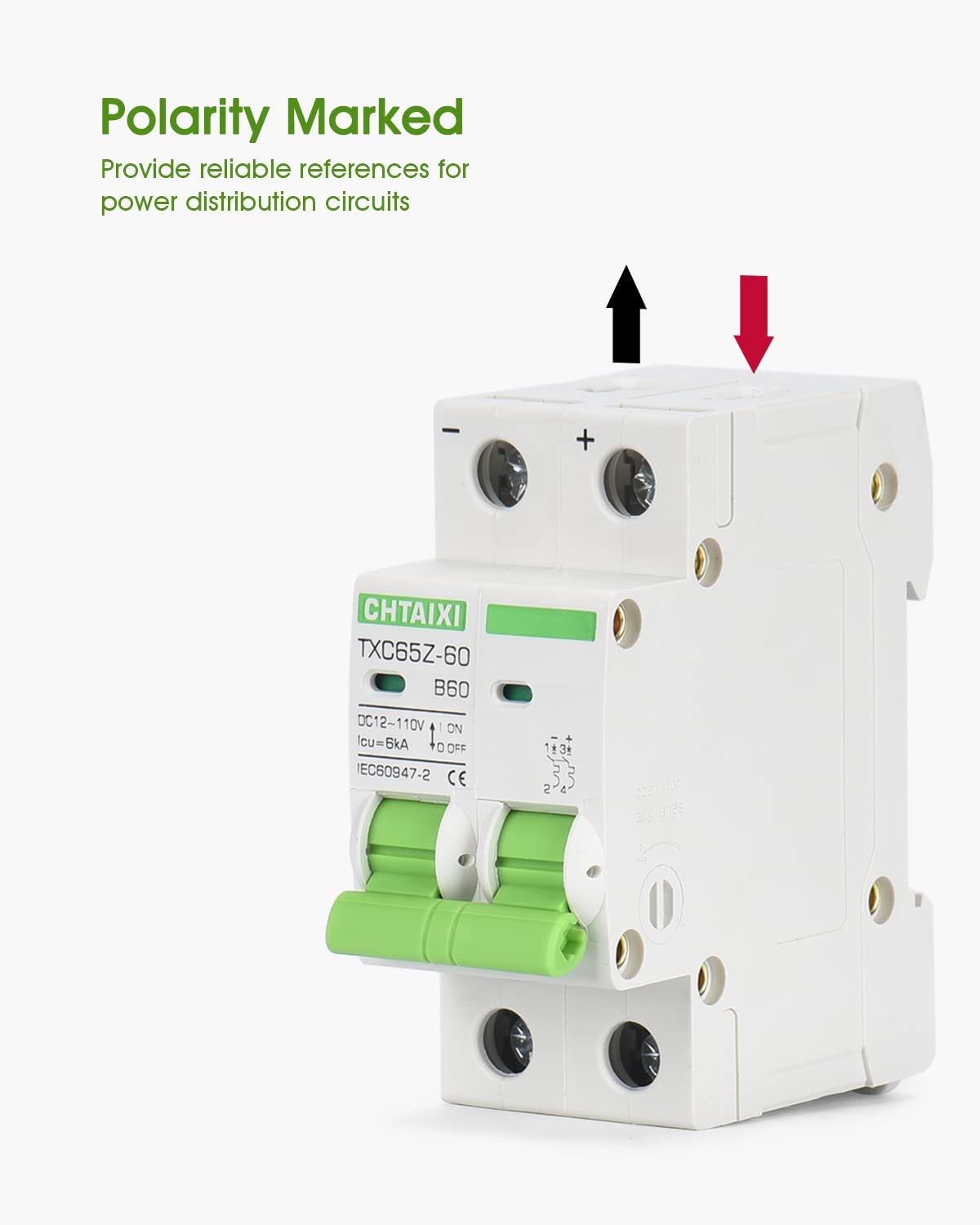 12V-110V DC Miniature Circuit Breaker, 60 Amp 2 Pole Battery Breaker Protector for Solar PV System and RV, Thermal Magnetic Trip, DIN Rail Mount, Chtaixi DC Disconnect Switch B60