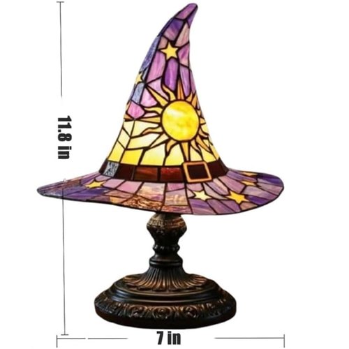 Witch Hat Lamps - Handcrafted Stained Gothic Wizard Hat Lights for Decor, Mystical Bedroom Ambiance & Wiccan Gifts，Light with Glow-in-The-Dark Figurine for Bedroom (Green)