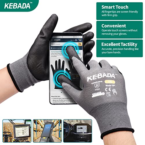 Kebada W1 Safety Work Gloves 12 Pairs - Touchscreen, PU Coated, Large Light Grey