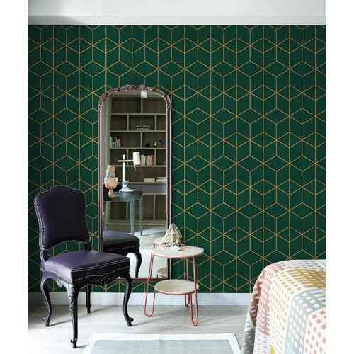 Safiyya Contact Paper Gold and Dark Green Wallpaper Peel and Stick Geometric Textured Wallpaper Self Adhesive Removable Wall Paper for Walls Vinyl Roll 78.7"x17.3"