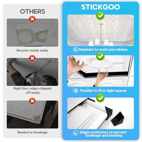 STICKGOO Drop Ceiling Tiles 24 x 24in, Waterproof, Premium PVC Ceiling Panels to Prevent Breakage, Pack of 12 Tiles Cover 48 Sq. Ft, White