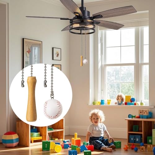 Baseball Bat Ceiling Fan Pull Chain Extender with 12" Silver Bead Chain - Kids Room Decor