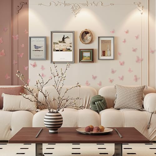 Phuryllic 48pcs Laser Pink Butterfly Wall Decor Stickers for Party & Room Decoration