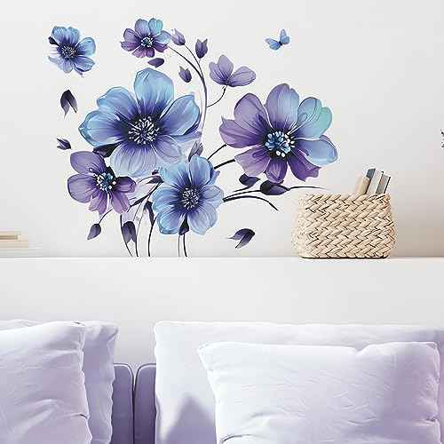 Blue-Purple Ink Daisy Violets Flower Wall Stickers, sacinora Butterfly Floral Art Wall Decals Removable Vinyl Peel and Stick for Living Room Bedroom Nursery Children's Room Decorations