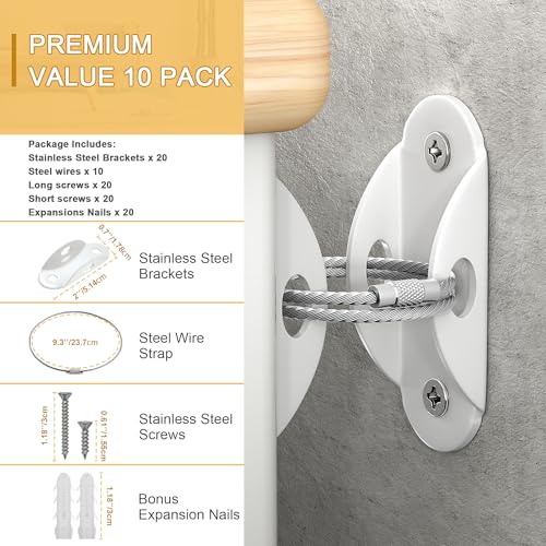 Booda 10 Pack Furniture Anchors - Anti-Tip Baby Proofing Straps for Child Safety