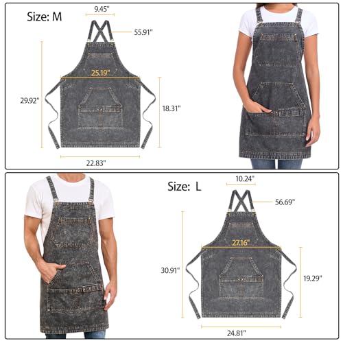 Denim Apron with Pockets, Cross Back Apron for Men Women, Jean Work Aprons for Hairstylist Barber Grilling Gardening, Adjustable S to L