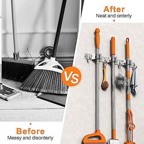 Mop and Broom Holder Wall Mount, Upgraded Broom Organizer Wall Mount, Stainless Steel Broom Hanger Wall Mount for Home Kitchen Garden Laundry Garage (3 Racks with 4 Hooks)