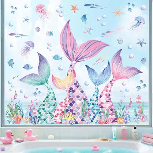 decalmile Mermaid Tail Window Clings Under The Sea Mermaid Bubble Seaweed Window Decals Anti-Collision Glass Window Doors Window Stickers