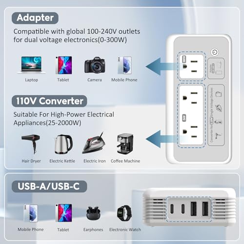 Mapambo Gray 2000W 220V to 110V Travel Voltage Converter for Hair Dryers