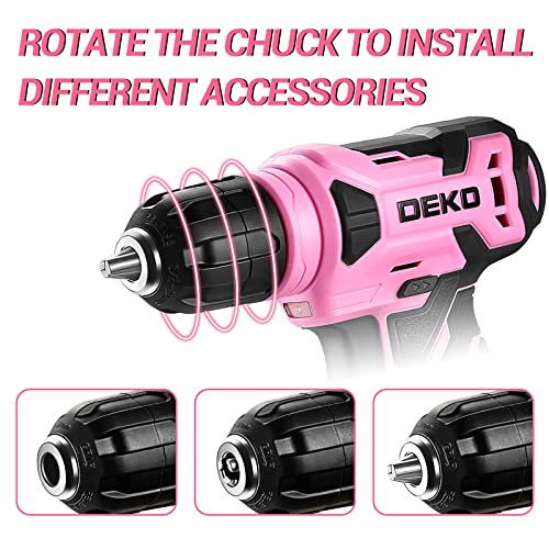 Pink DEKOPRO 8V Cordless Drill Set with 42 Accessories, Keyless Chuck & LED