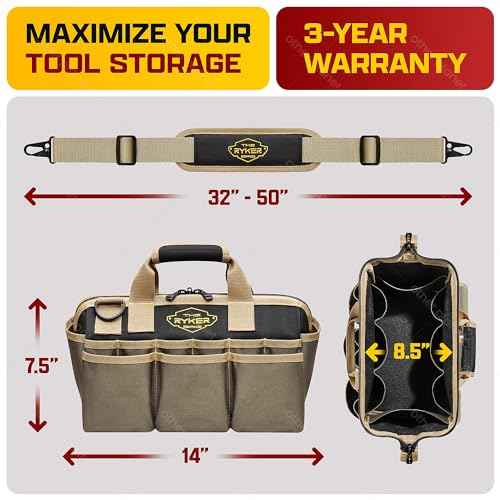 The Ryker Heavy Duty Tool Bags for Men/Women. 14 Inch Small Wide Mouth Mechanic/plumber/Contractor/Electrician Tool Bag Organizer 22Pockets Soft Portable Tools Bags Organizer Toolbag for plumbing