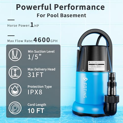 FOTING 1HP Sump Pump 4600GPH Submersible Dirty/Clean Water Pump