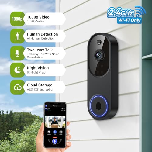 Lunelyx Black 1080P Wireless Video Doorbell Camera with Night Vision, AI Human Detection, Two-Way Audio & Cloud Storage