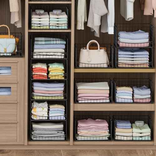 JKsmart 4-Tier Stackable Closet Organizers and Storage Shelves, Extend Clothing Closet Shelf Bins for Jeans Pants Sweaters - Wardrobe Cupboard Clothes Organizer System-Wider Mouth Design