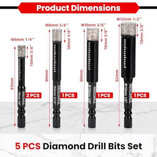 5-Pack Diamond Drill Bits Set, 1/4 5/16 3/8 1/2 Inch Diamond Hole Saw ? 1/4 Hex Shank Core Drill Bits for Ceramic, Tile, Glass, Granite, Marble, Brick & Stone, 6/8/10/12mm