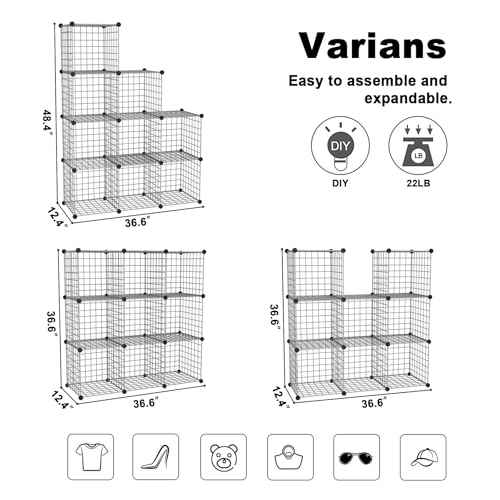C&AHOME Wire Cube Storage, 9 - Cube Organizer Metal C Grids, Modular Shelves Units, Closet Organizer, Ideal for Home, Office, Living Room, 36.6¡±L x 12.4¡±W x 48.4¡±H, Silver Gray UWCS3009G