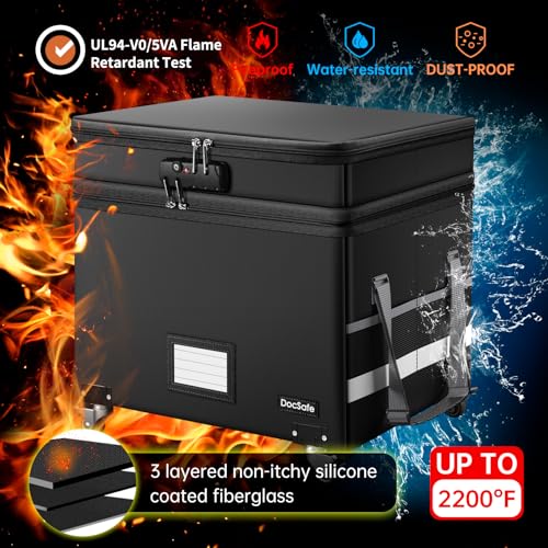 DocSafe Black Fireproof Document Box with Lock & Wheels, 16x13.8x12.2 Inches