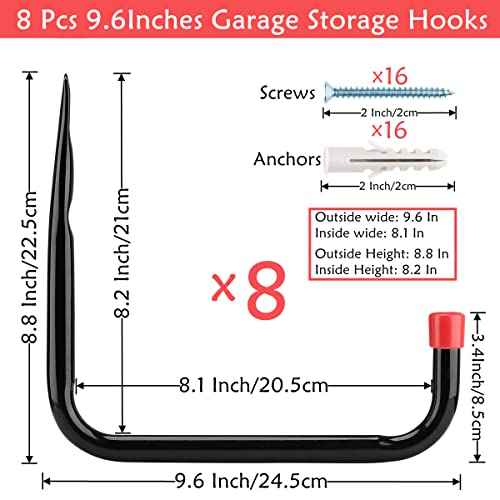 8 Pack Wall Mount Storage Hooks, 9.6IN Garage Utility Hanger for Ladder, Hold Chairs, Garden Tool, Hose, Bike Black +Red 9.6Inch x 8.8Inch