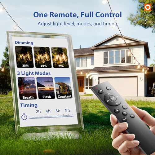 addlon 100FT Outdoor String Lights with 30 Sockets, Waterproof Dimmable LED with Remote