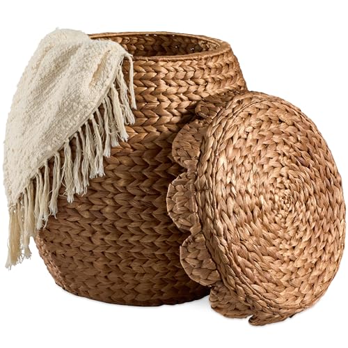 Chestnut Best Choice Products Scalloped Hyacinth Storage Basket with Lid – Handwoven Plant & Home Organizer