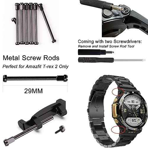 Compatible with Amazfit T-Rex 2/T-Rex 2 Pro Screw Rod Accessory, 2Pcs Stainless Steel Link Bar Replacement Screws with 2Pcs Screwdriver Removal Tool for Amazfit T Rex 2 Accessory (Black)