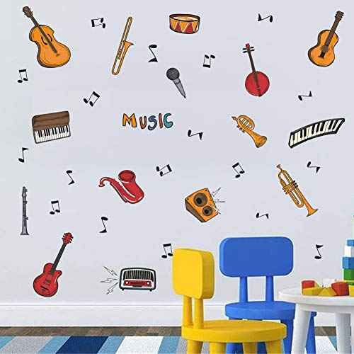 TOARTi Colorful Music Wall Decal (34pcs), Attractive Musical Instrument with Guitar Piano Musical Note Sticker for Classroom Music Studio Decoration