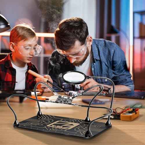 M-T Helping Hands Soldering Station, Magnetic Third Hand Tool PCB Holder with 5X Magnifying Glass 13x9 IN Non-Slip Steel Weighted Base 4 Arms for Electronic Repair Soldering Jewelry Crafts and Welding