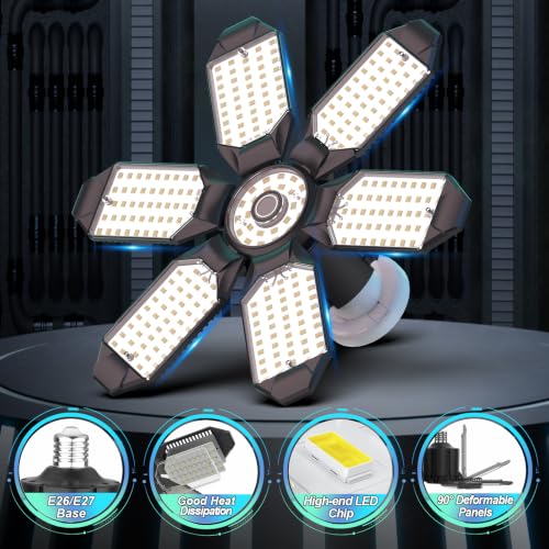 LUCORUSC 6 Pack LED Garage Lights 200W Deformable Ceiling Shop Lights, E26/E27, 6500K, 20000LM, Bright Workshop Basement Attic