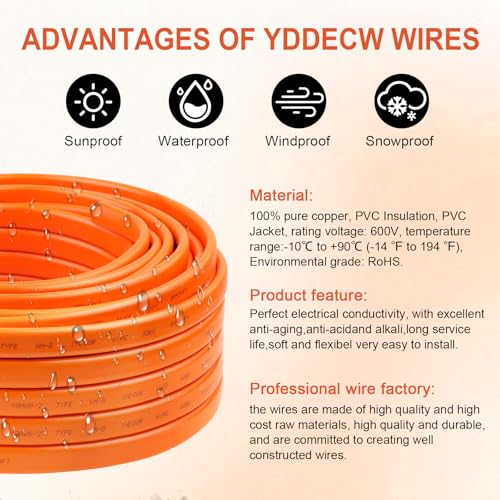 YDDECW 75FT 10/2 NM-B Electrical Wire with Ground - Orange 10 AWG, Indoor Residential Cable
