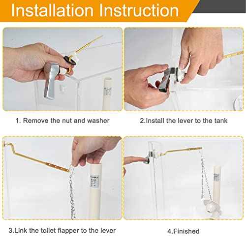 Hibbent Universal Metal Side Mount Toilet Handle Replacement Kit, Brass Toilet Flush Tank Lever with Stainless Steel Flapper Chains for Most Toilets, Chrome Finish