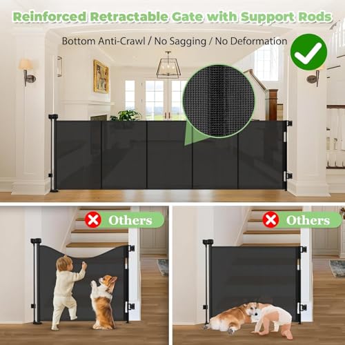 96-Inch Wide Reinforced Retractable Baby Gate, Black, 33" Tall, Space-Saving