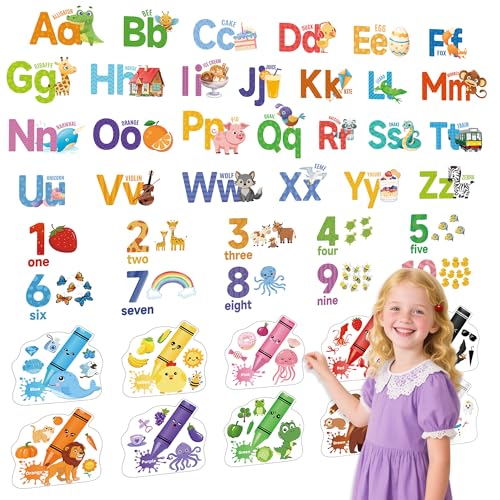 Alphabet Numbers Wall Decals, Classroom Wall Decals, Animal ABC Letters Color Shape Stickers for Kids Toddler Baby Room, Peel and Stick Removable Stickers for Kindergarten Daycare Nursery Decor