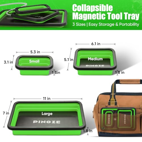 Pinoze 3-Piece Collapsible Magnetic Parts Tray Set with 12" Flexible Magnetic Pickup Tool - Green